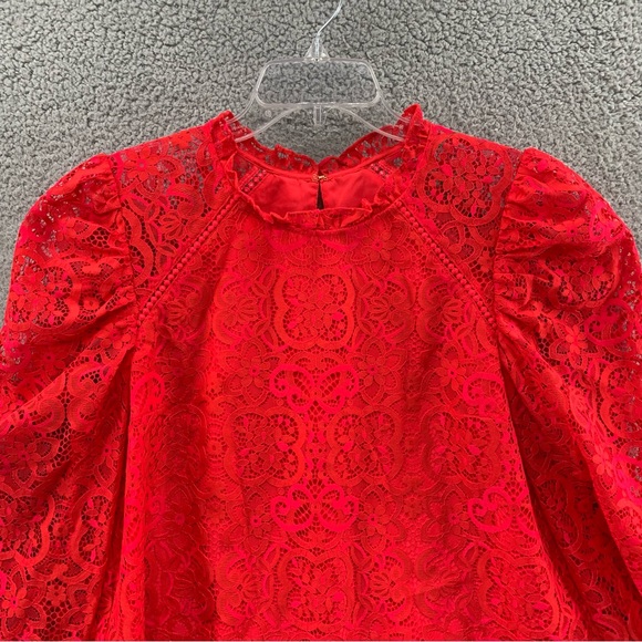 Lilly Pulitzer Averi White Puff Sleeve Top Scalloped Hem Red Hot Pink Two Tone L - Picture 5 of 12